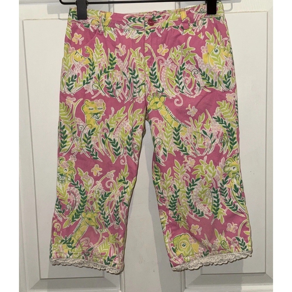 Lilly Pulitzer Giraffe Lion Elephant Print Pink Yellow‎ Capri Pants Girls 6X